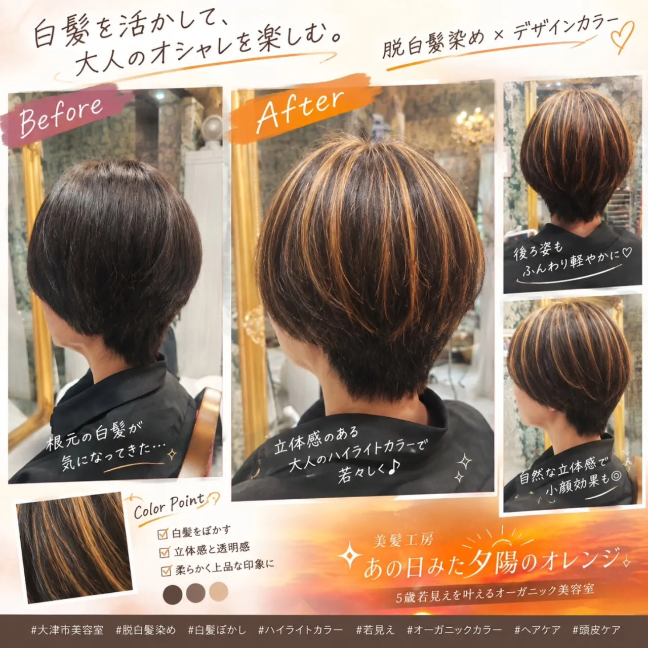 大津市ヘアドネーション加盟店大人の派手髪脱白髪染め白髪ぼかし...